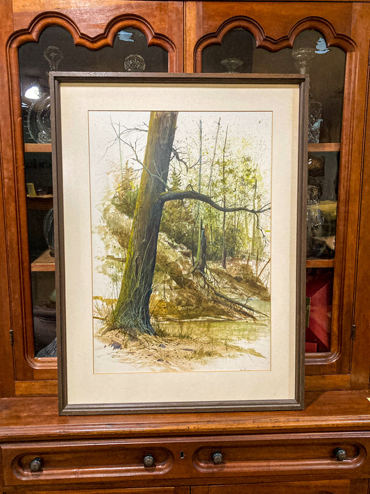 Vintage 1960's Jim Hubbard Forest Tree Landscape Framed Watercolor Painting