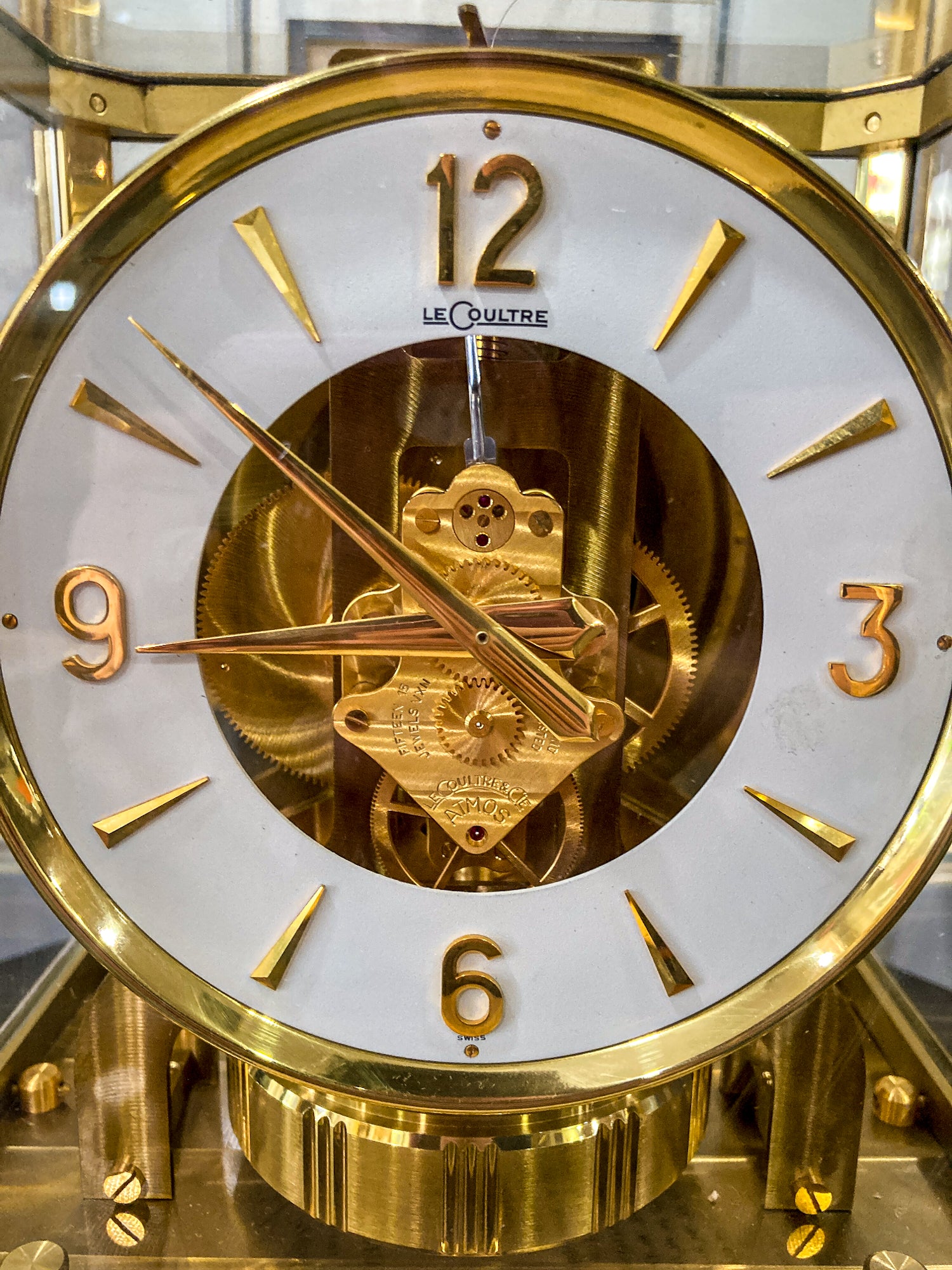 Vintage 1960's LeCoultre White Front Brass Atmos Clock