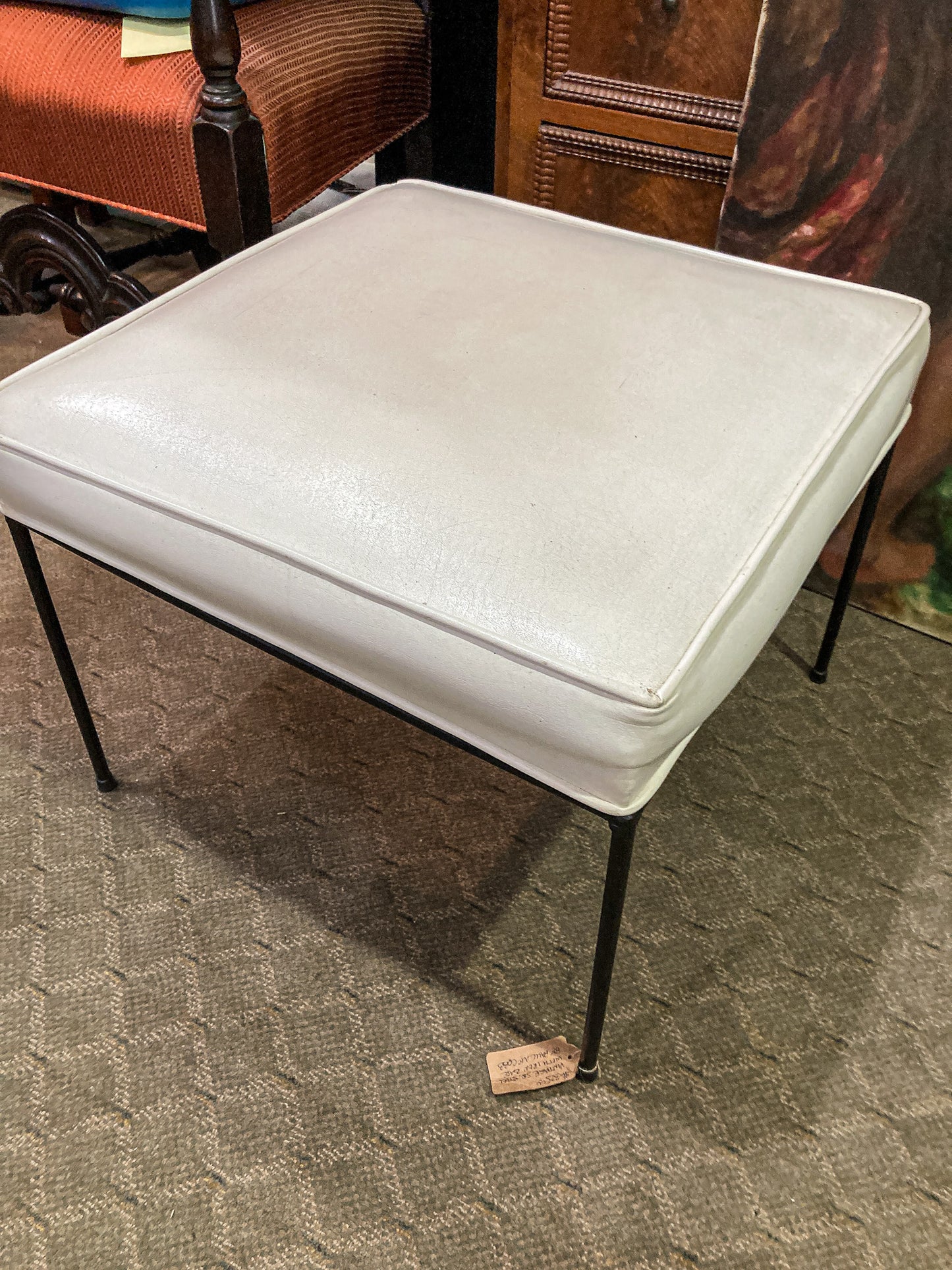 Vintage 1960s Paul McCobb White Leather Iron Leg Square Foot Stool Ottoman