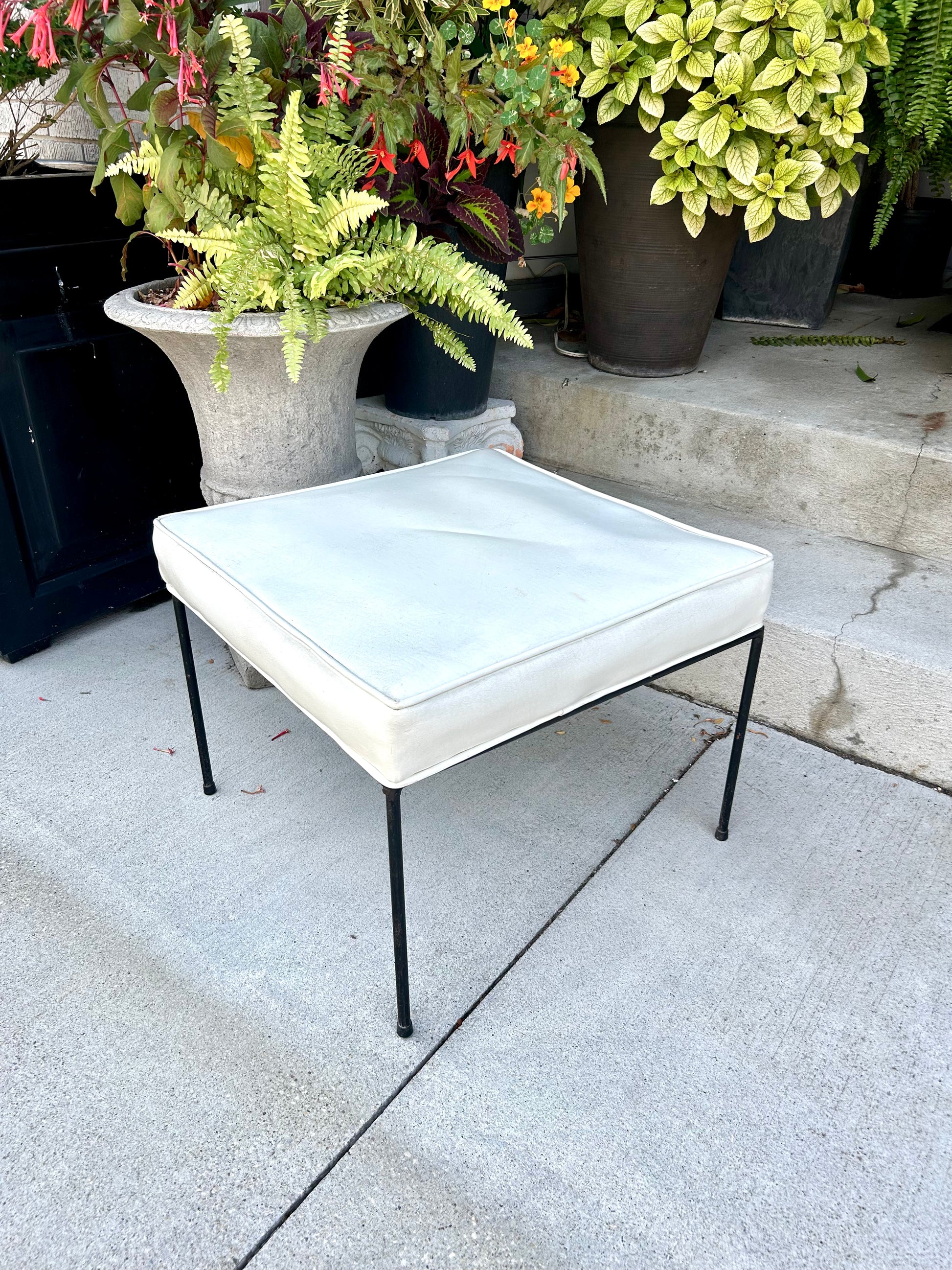 Vintage 1960s Paul McCobb White Leather Iron Leg Square Foot Stool Ottoman