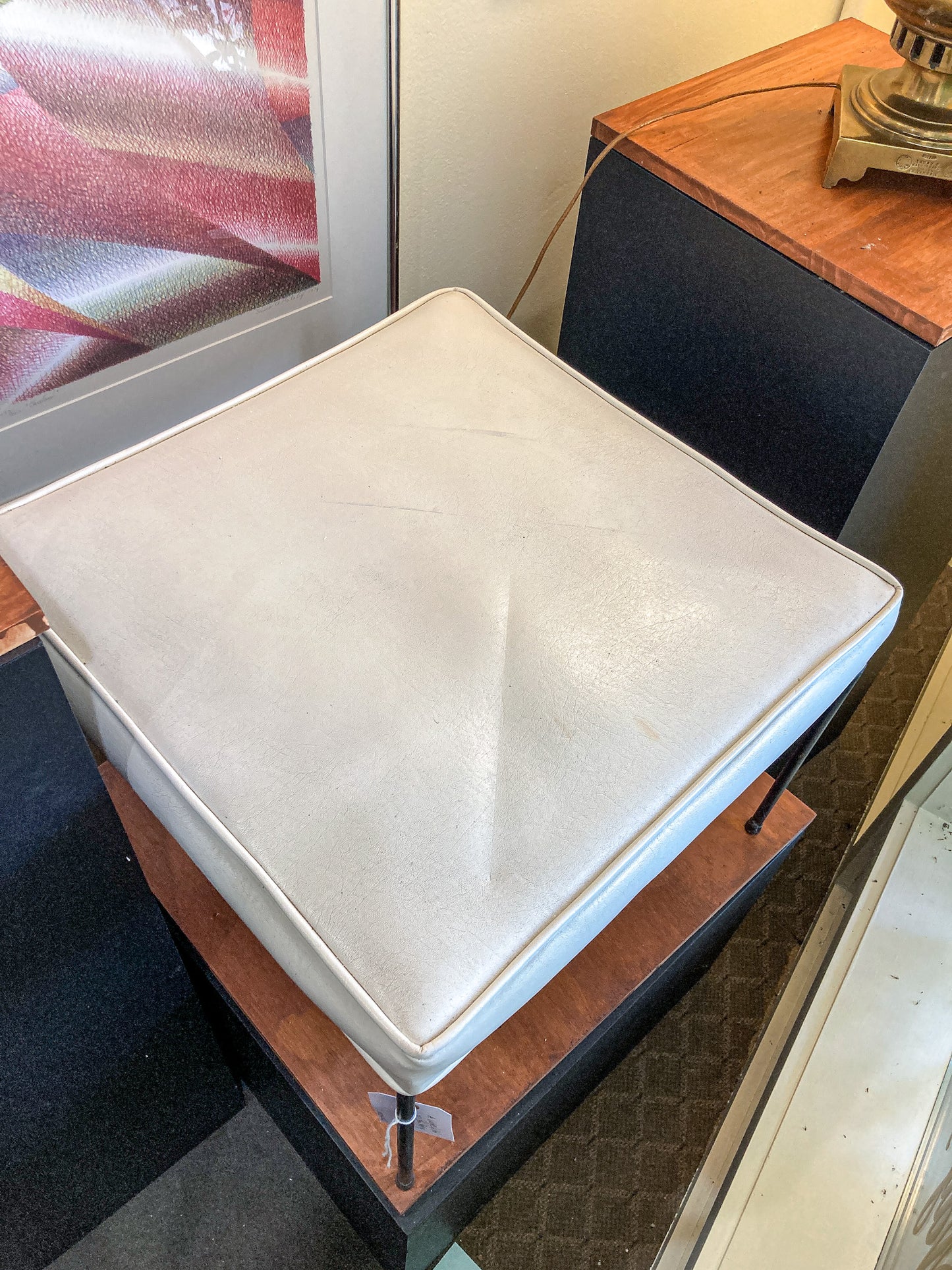 Vintage 1960s Paul McCobb White Leather Black Iron Leg Square Foot Stool Ottoman