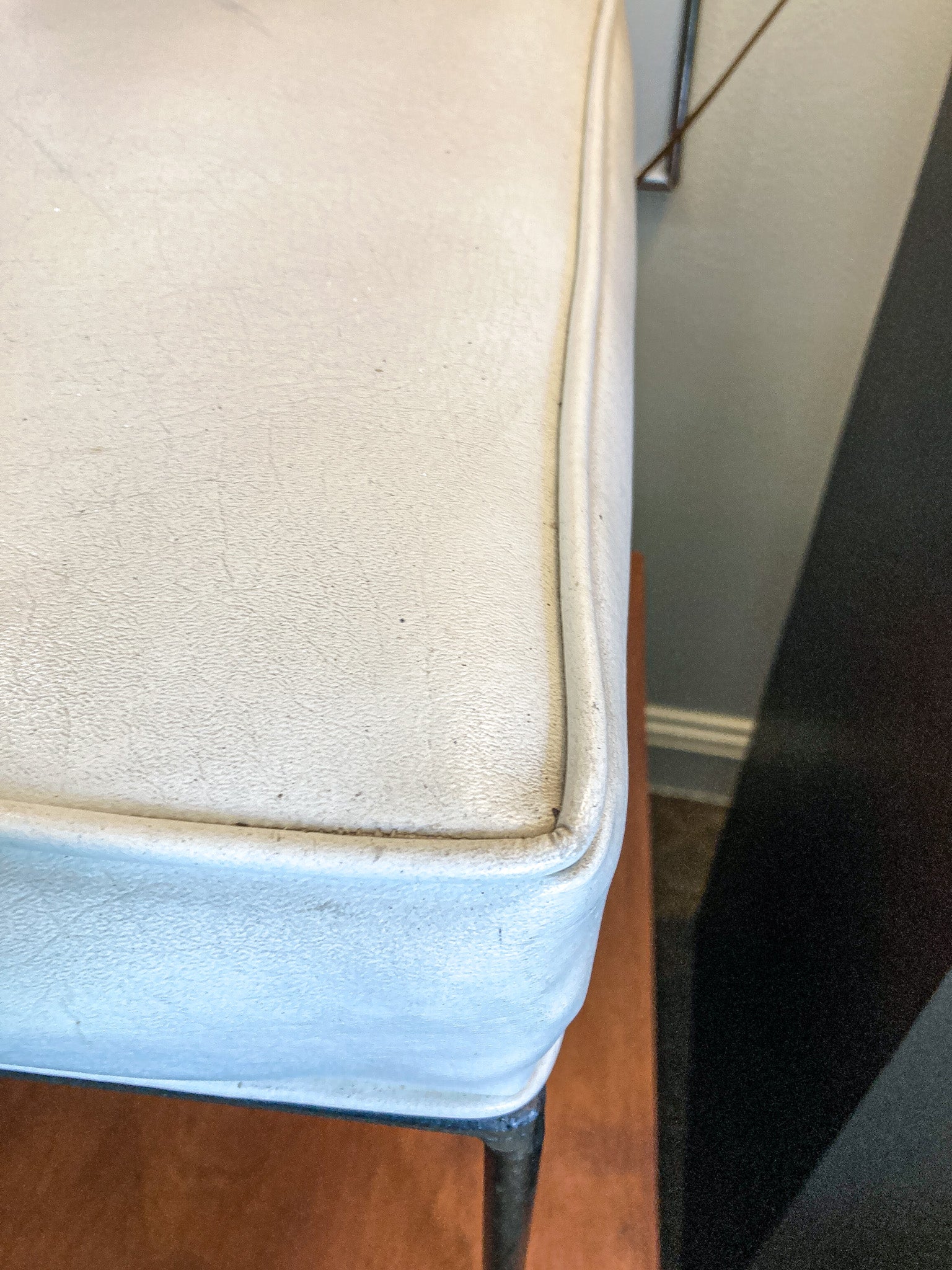 Vintage 1960s Paul McCobb White Leather Black Iron Leg Square Foot Stool Ottoman
