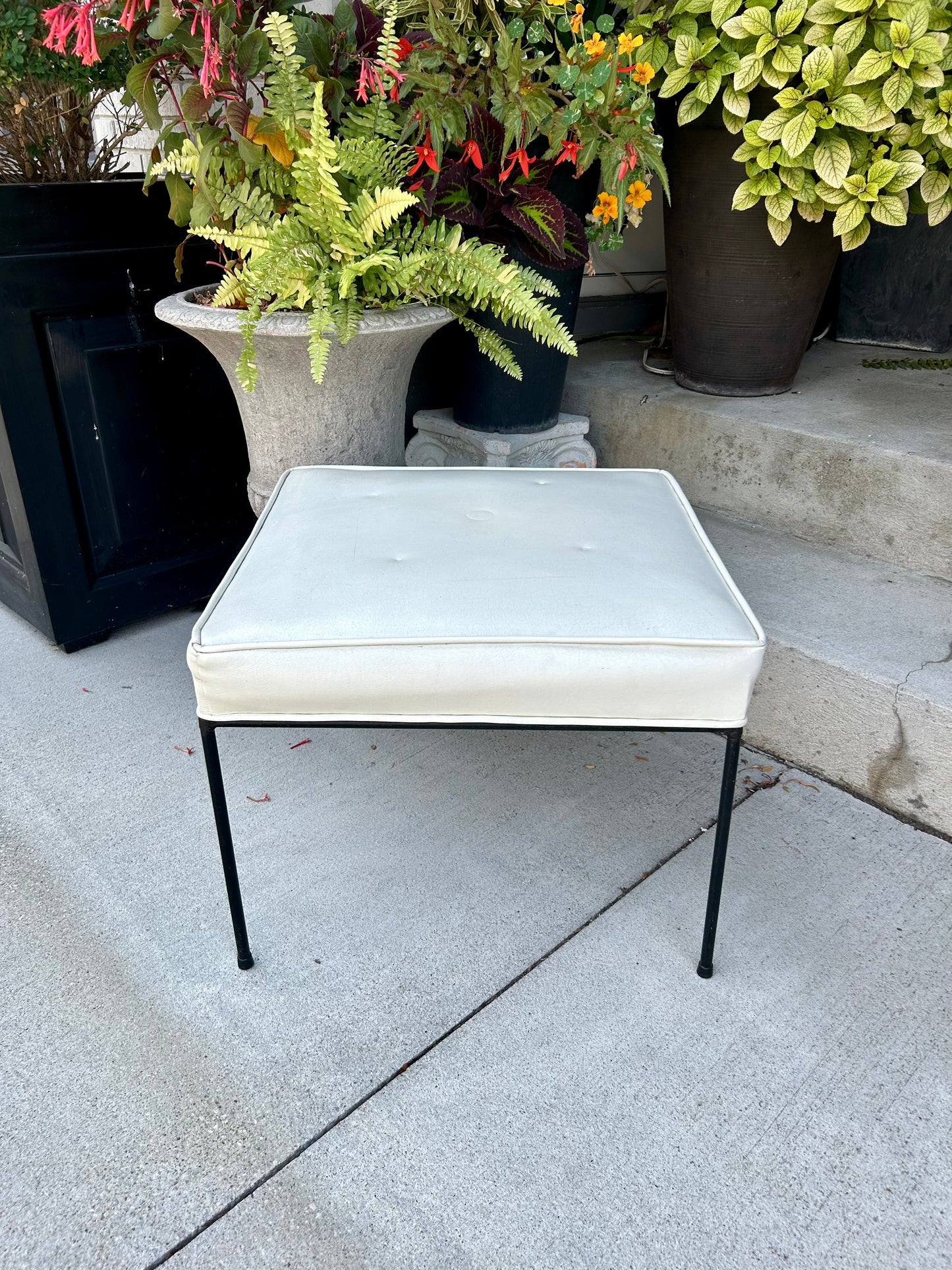 Vintage 1960s Paul McCobb White Leather Black Iron Leg Square Foot Stool Ottoman