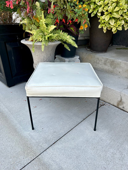 Vintage 1960s Paul McCobb White Leather Black Iron Leg Square Foot Stool Ottoman