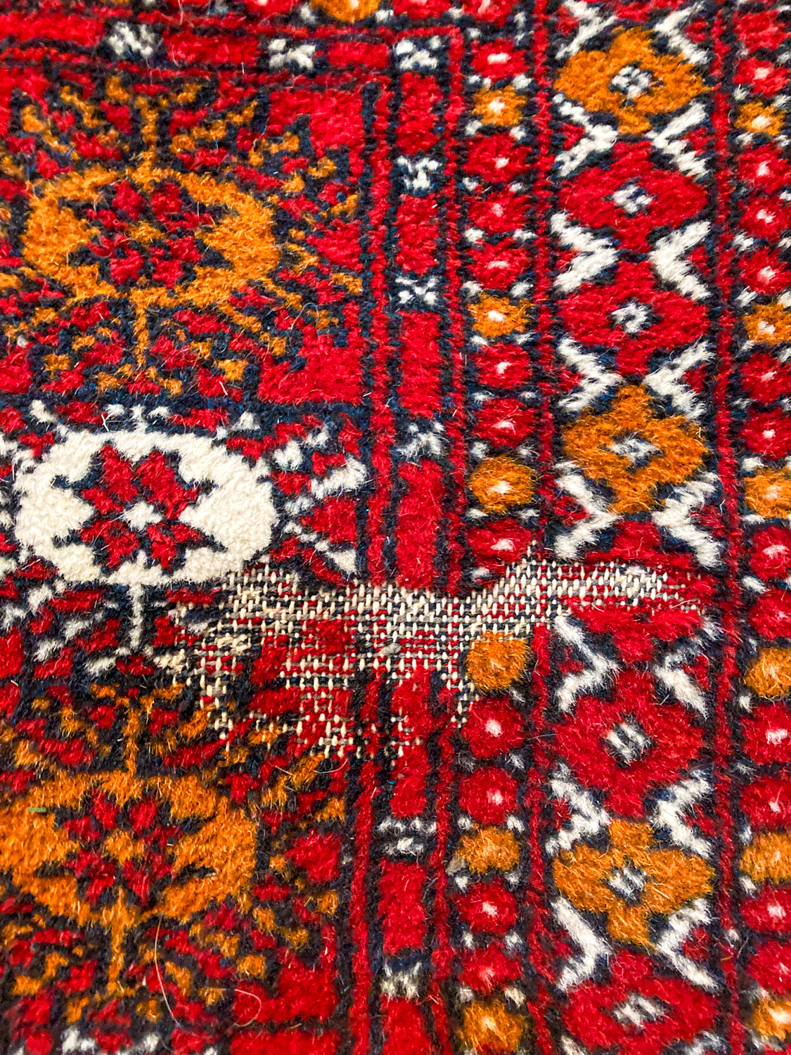 Vintage 1960s Red Orange Pakistan Hand Woven Wool 8x5 ft Area Rug