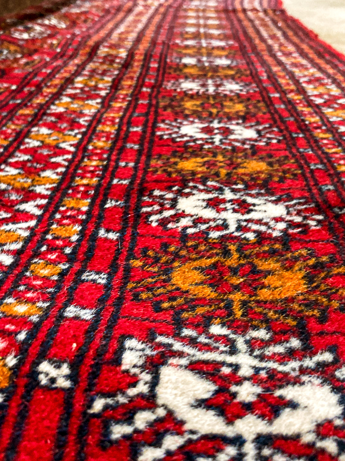 Vintage 1960s Red Orange Pakistan Hand Woven Wool 8x5 ft Area Rug