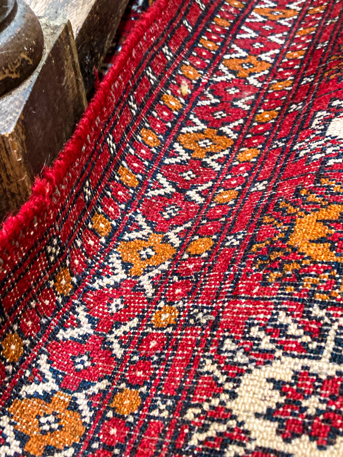 Vintage 1960s Red Orange Pakistan Hand Woven Wool 8x5 ft Area Rug