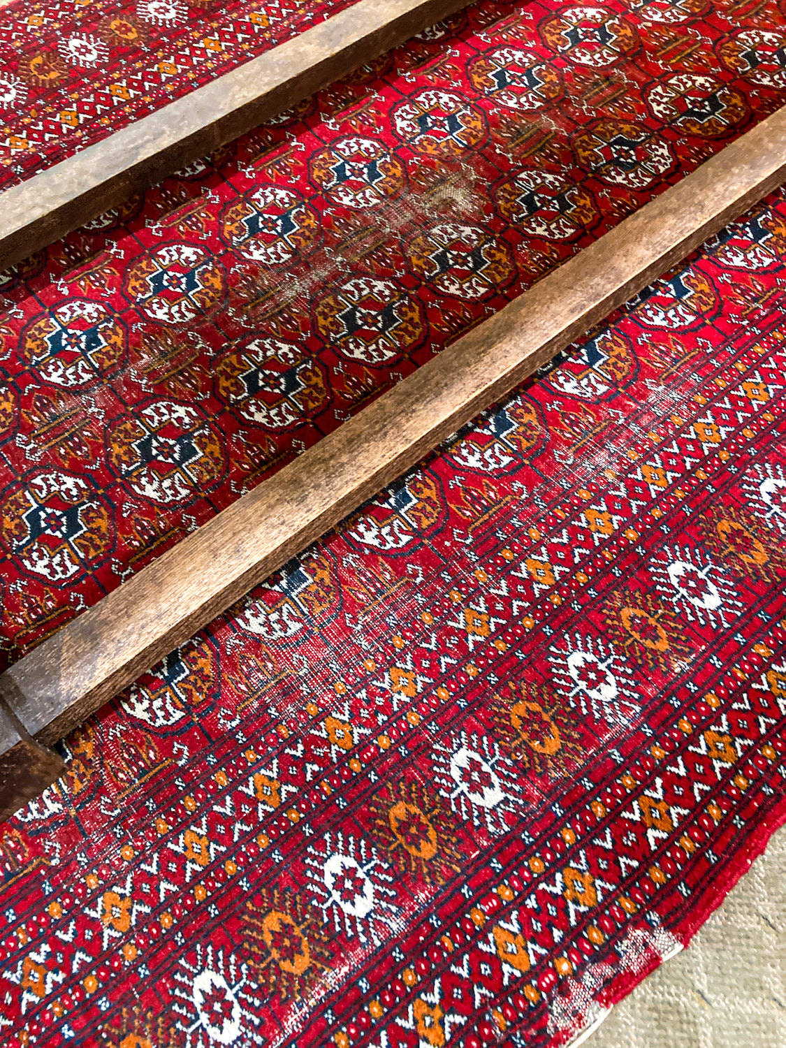 Vintage 1960s Red Orange Pakistan Hand Woven Wool 8x5 ft Area Rug