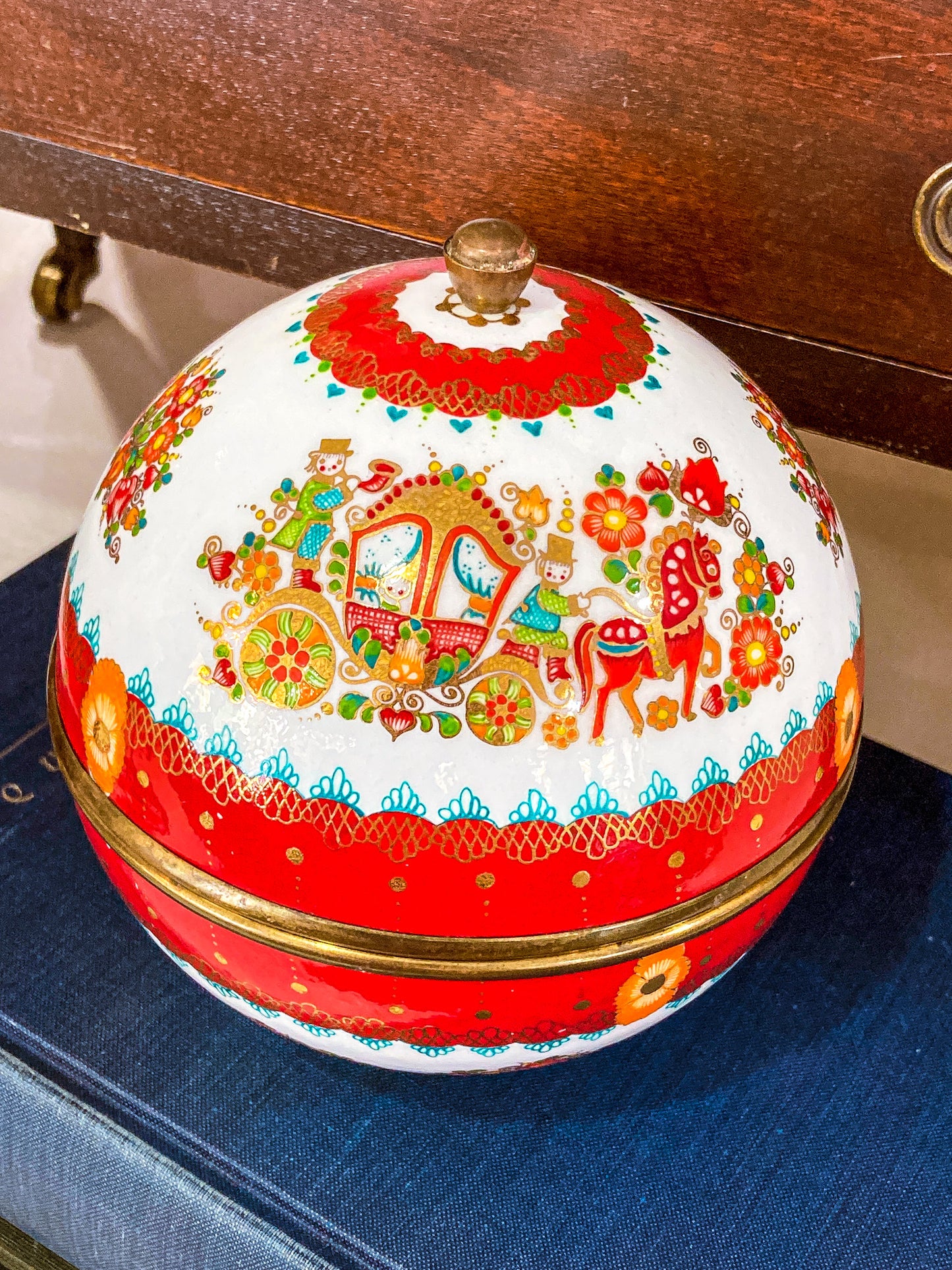 Vintage 1960s Steinbock Figural Folk Red Floral Enameled Brass Sphere Box