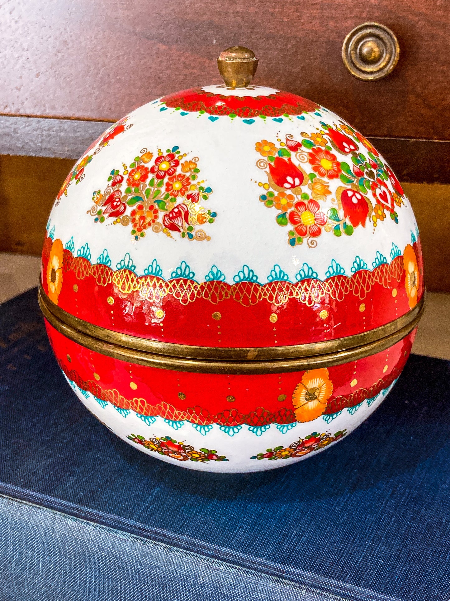 Vintage 1960s Steinbock Figural Folk Red Floral Enameled Brass Sphere Box