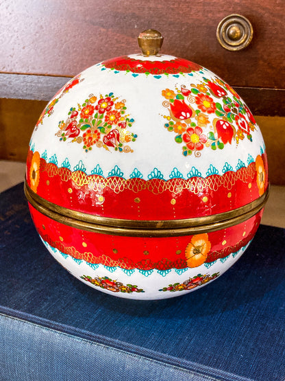 Vintage 1960s Steinbock Figural Folk Red Floral Enameled Brass Sphere Box