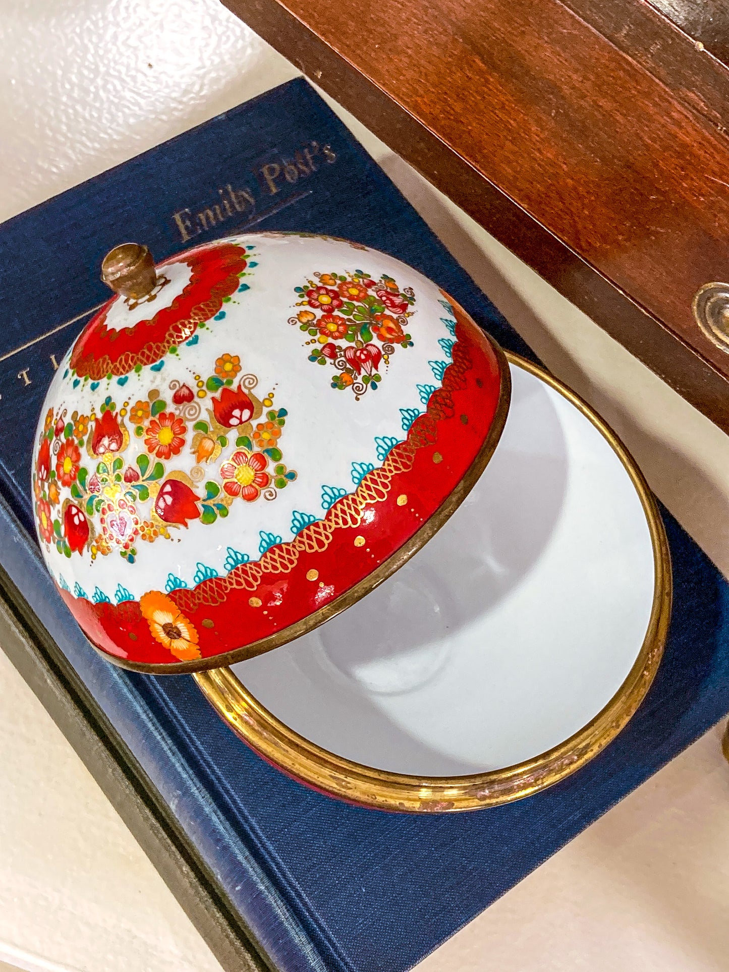 Vintage 1960s Steinbock Figural Folk Red Floral Enameled Brass Sphere Box