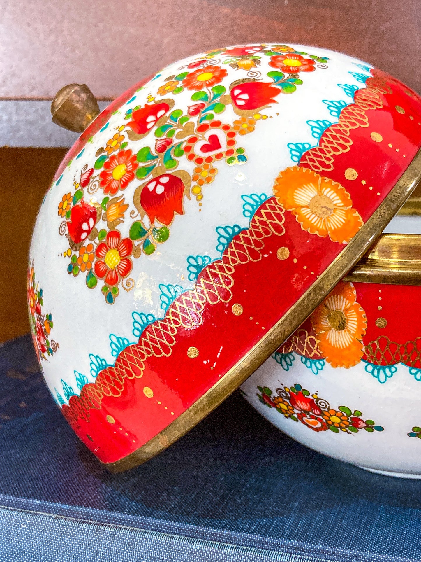 Vintage 1960s Steinbock Figural Folk Red Floral Enameled Brass Sphere Box