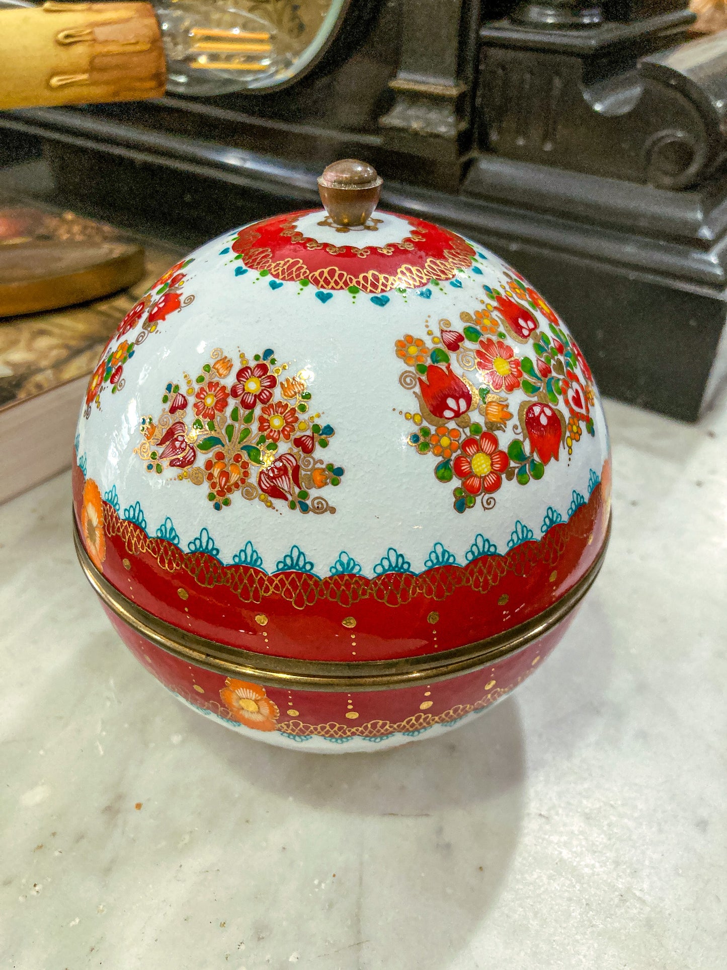 Vintage 1960s Steinbock Figural Folk Red Floral Enameled Brass Sphere Box