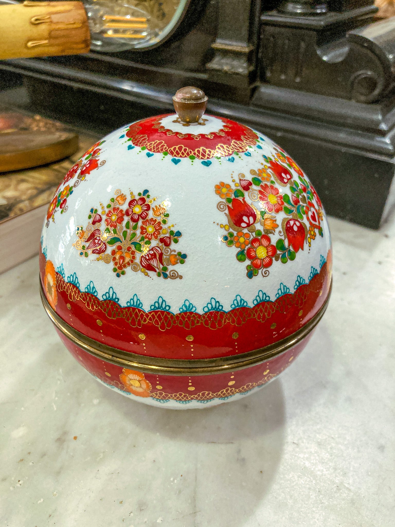 Vintage 1960s Steinbock Figural Folk Red Floral Enameled Brass Sphere Box