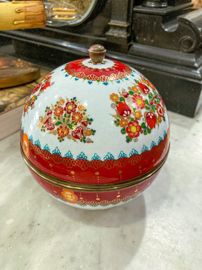 Vintage 1960s Steinbock Figural Folk Red Floral Enameled Brass Sphere Box