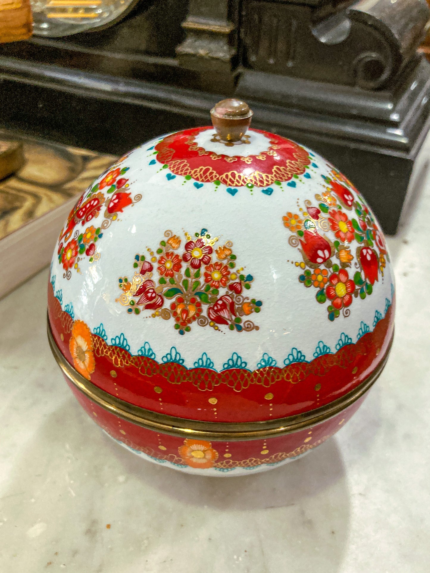 Vintage 1960s Steinbock Figural Folk Red Floral Enameled Brass Sphere Box