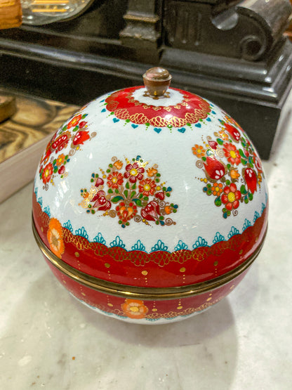 Vintage 1960s Steinbock Figural Folk Red Floral Enameled Brass Sphere Box