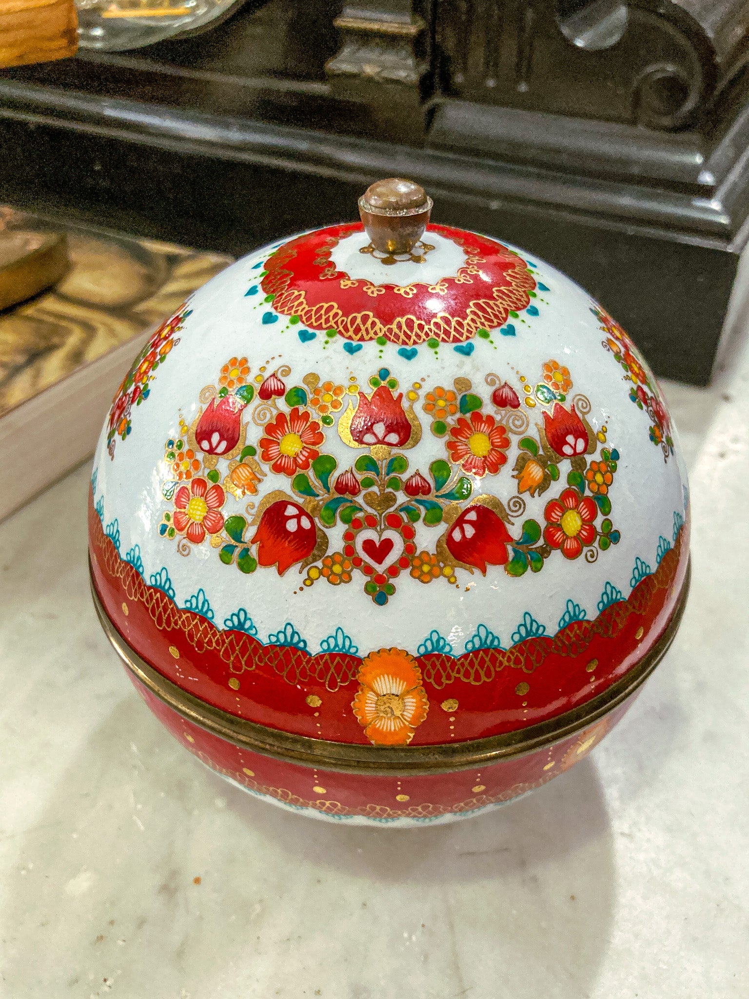 Vintage 1960s Steinbock Figural Folk Red Floral Enameled Brass Sphere Box
