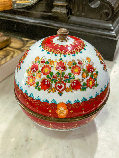 Vintage 1960s Steinbock Figural Folk Red Floral Enameled Brass Sphere Box