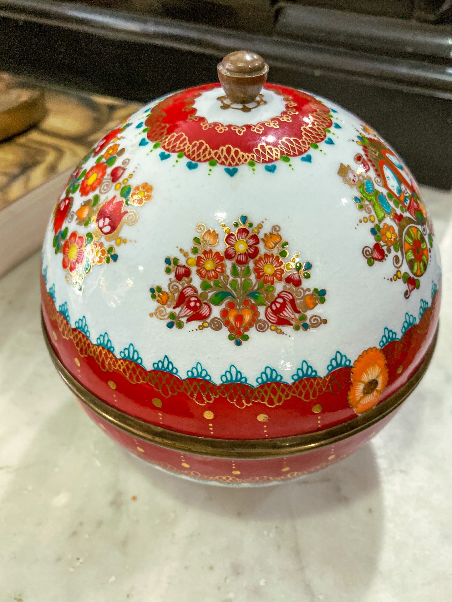Vintage 1960s Steinbock Figural Folk Red Floral Enameled Brass Sphere Box
