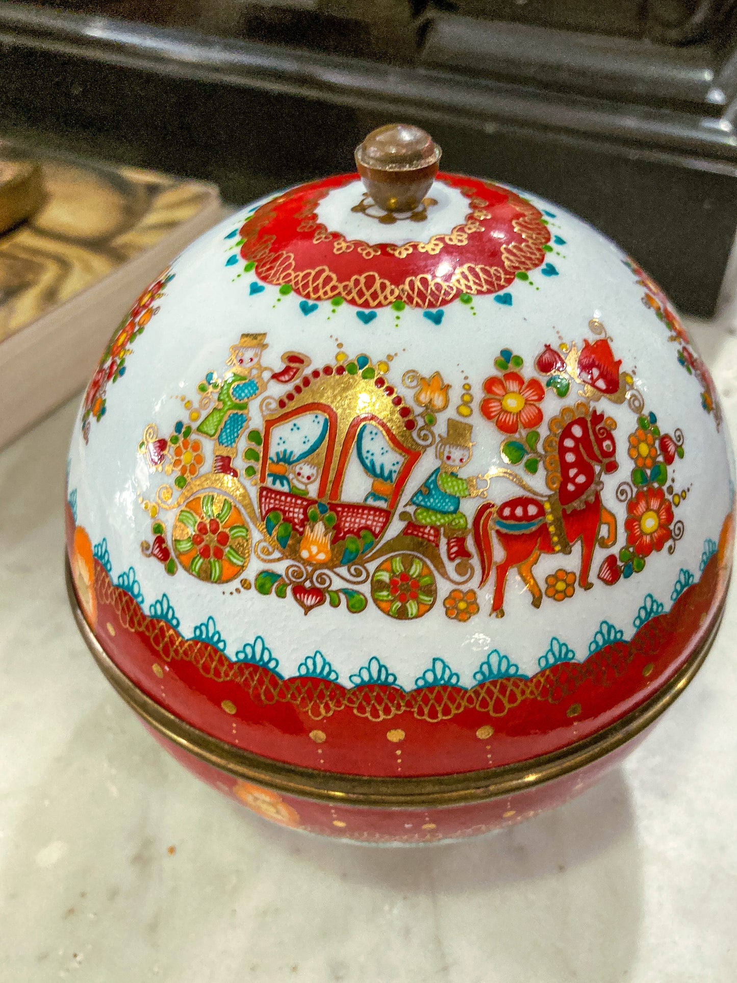 Vintage 1960s Steinbock Figural Folk Red Floral Enameled Brass Sphere Box