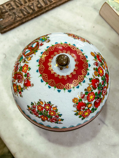 Vintage 1960s Steinbock Figural Folk Red Floral Enameled Brass Sphere Box