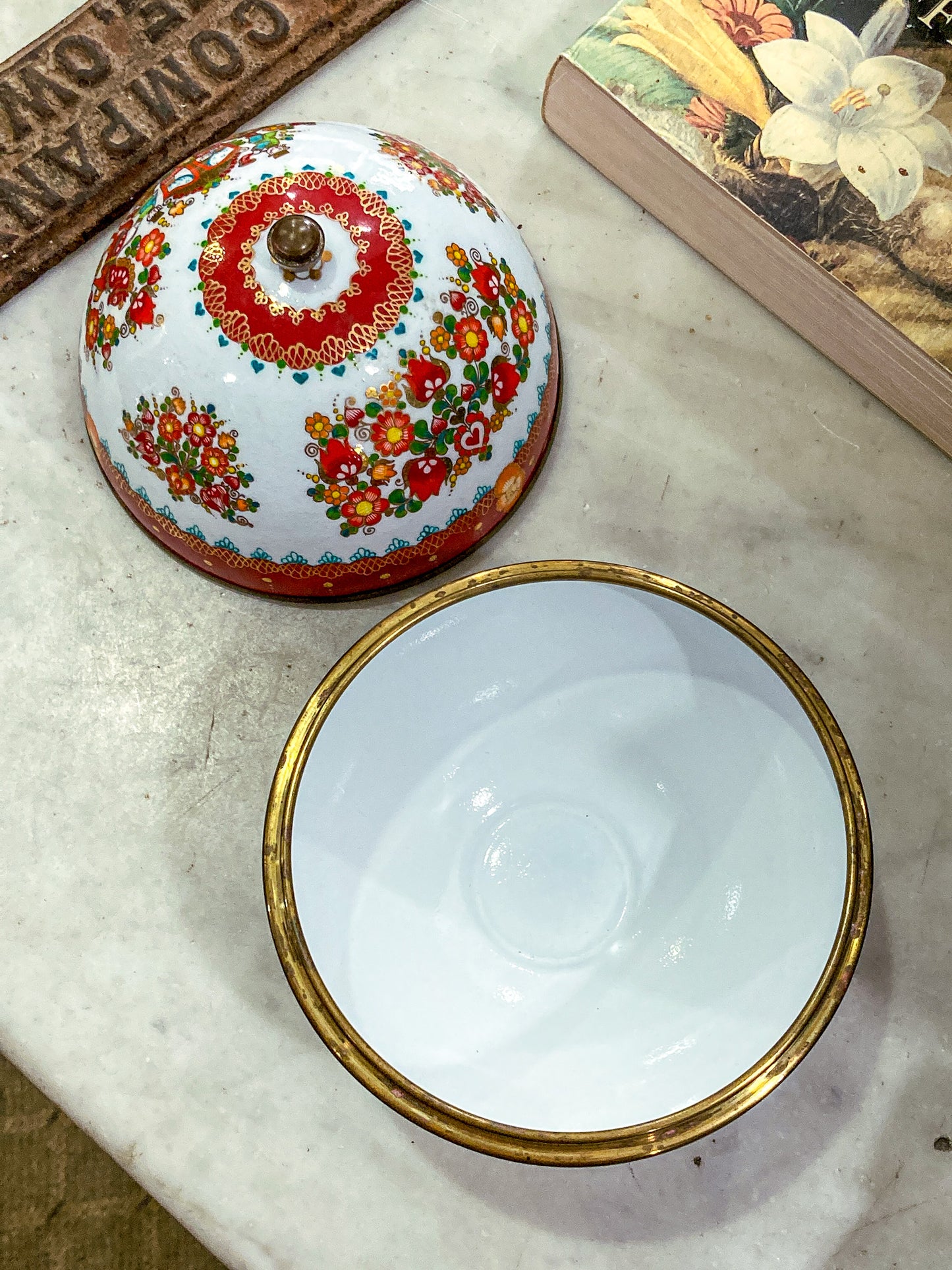 Vintage 1960s Steinbock Figural Folk Red Floral Enameled Brass Sphere Box