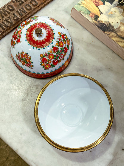 Vintage 1960s Steinbock Figural Folk Red Floral Enameled Brass Sphere Box
