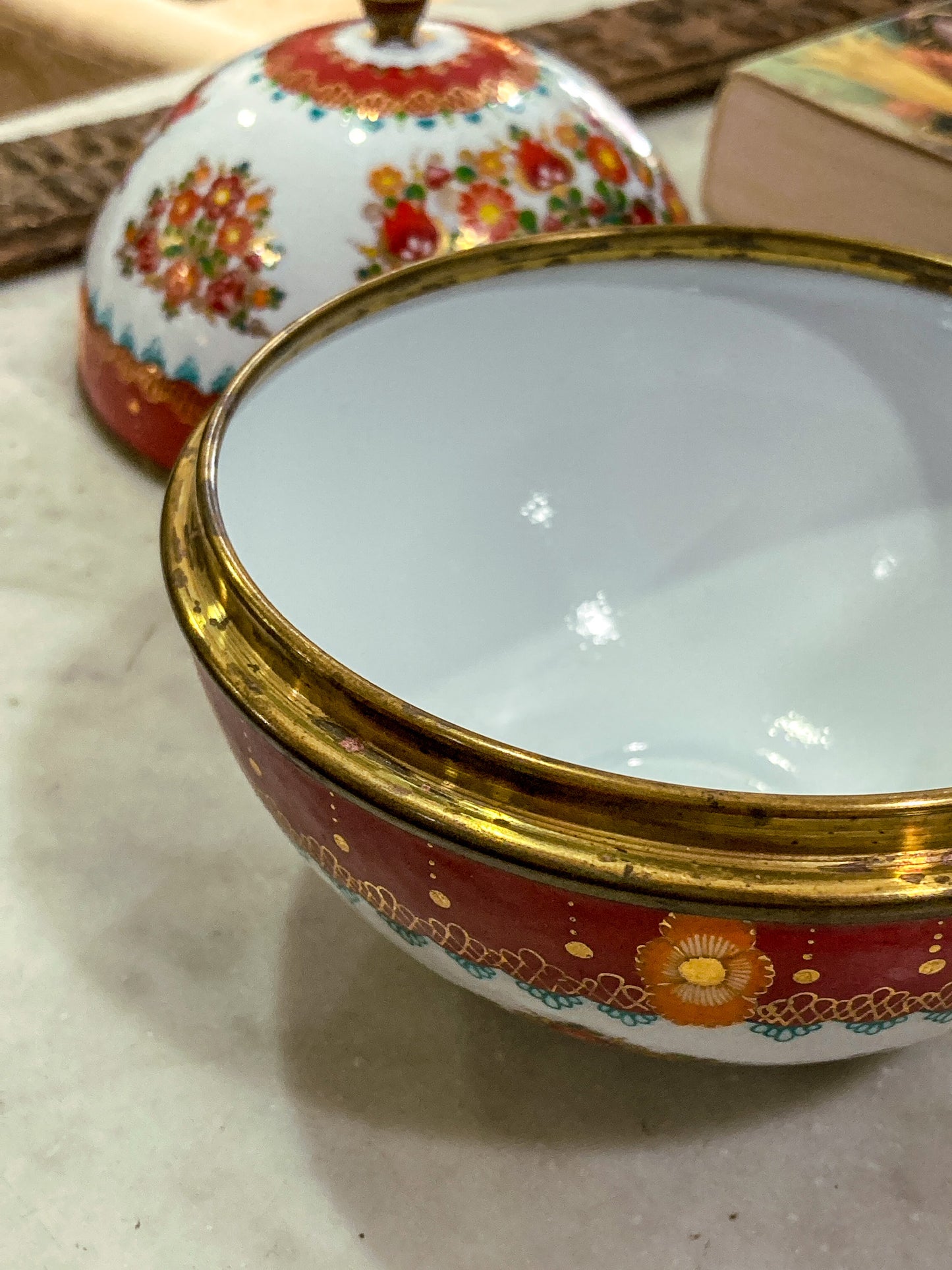 Vintage 1960s Steinbock Figural Folk Red Floral Enameled Brass Sphere Box