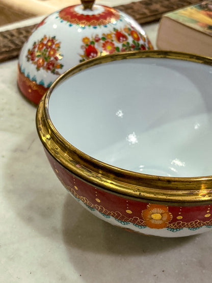 Vintage 1960s Steinbock Figural Folk Red Floral Enameled Brass Sphere Box