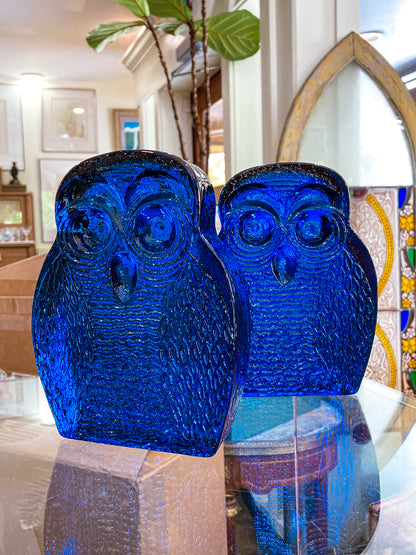 Vintage 1960's Stylized Owl MCM Blenko Cast Cobalt Blue Glass Bookends