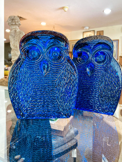 Vintage 1960's Stylized Owl MCM Blenko Cast Cobalt Blue Glass Bookends