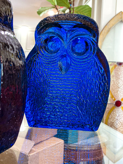 Vintage 1960's Stylized Owl MCM Blenko Cast Cobalt Blue Glass Bookends