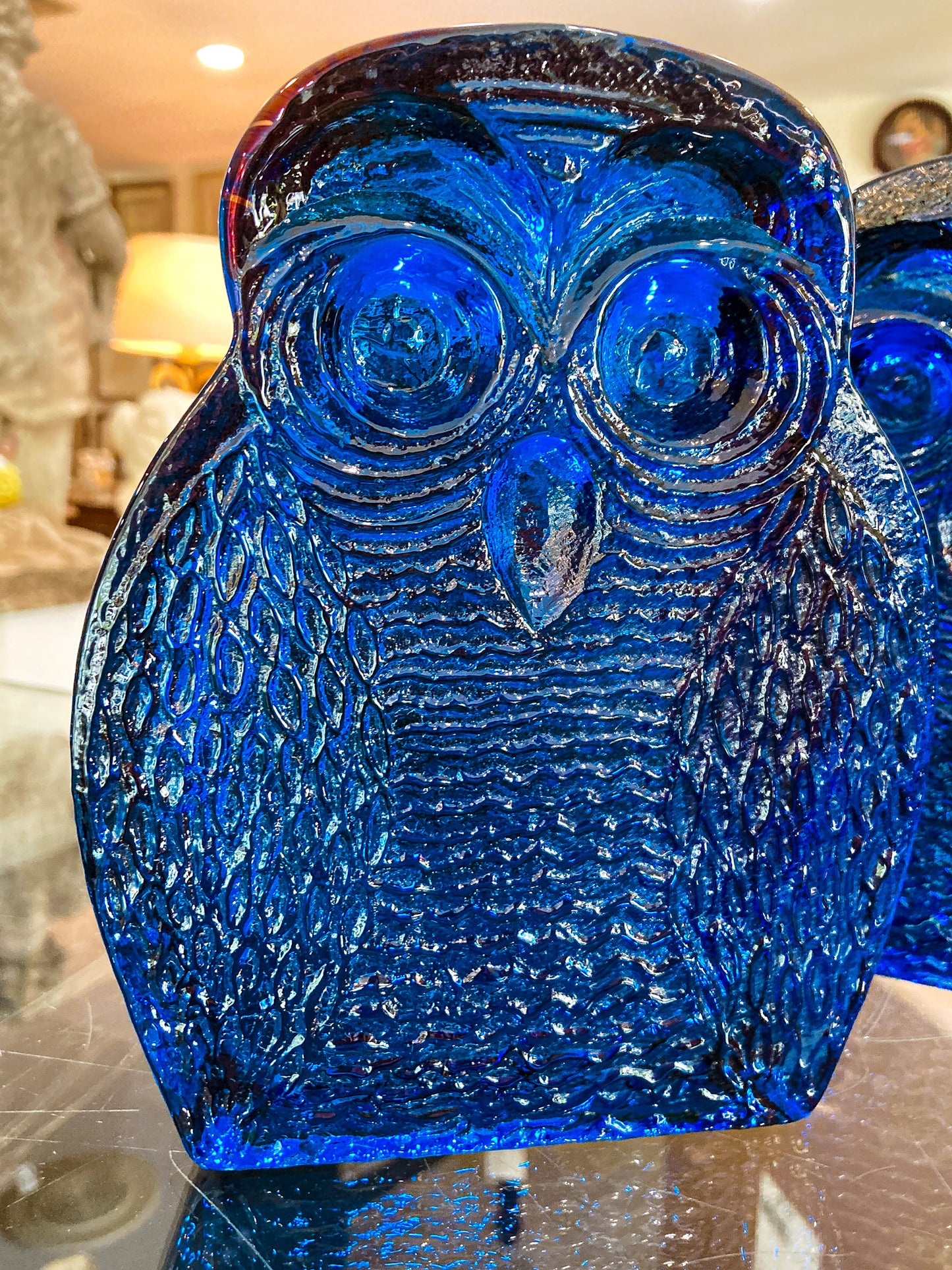 Vintage 1960's Stylized Owl MCM Blenko Cast Cobalt Blue Glass Bookends