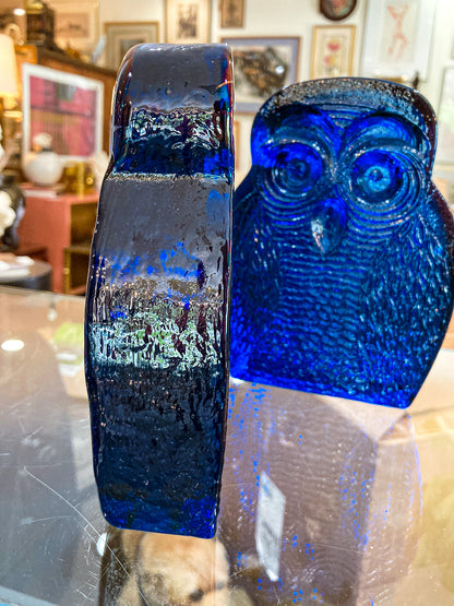 Vintage 1960's Stylized Owl MCM Blenko Cast Cobalt Blue Glass Bookends