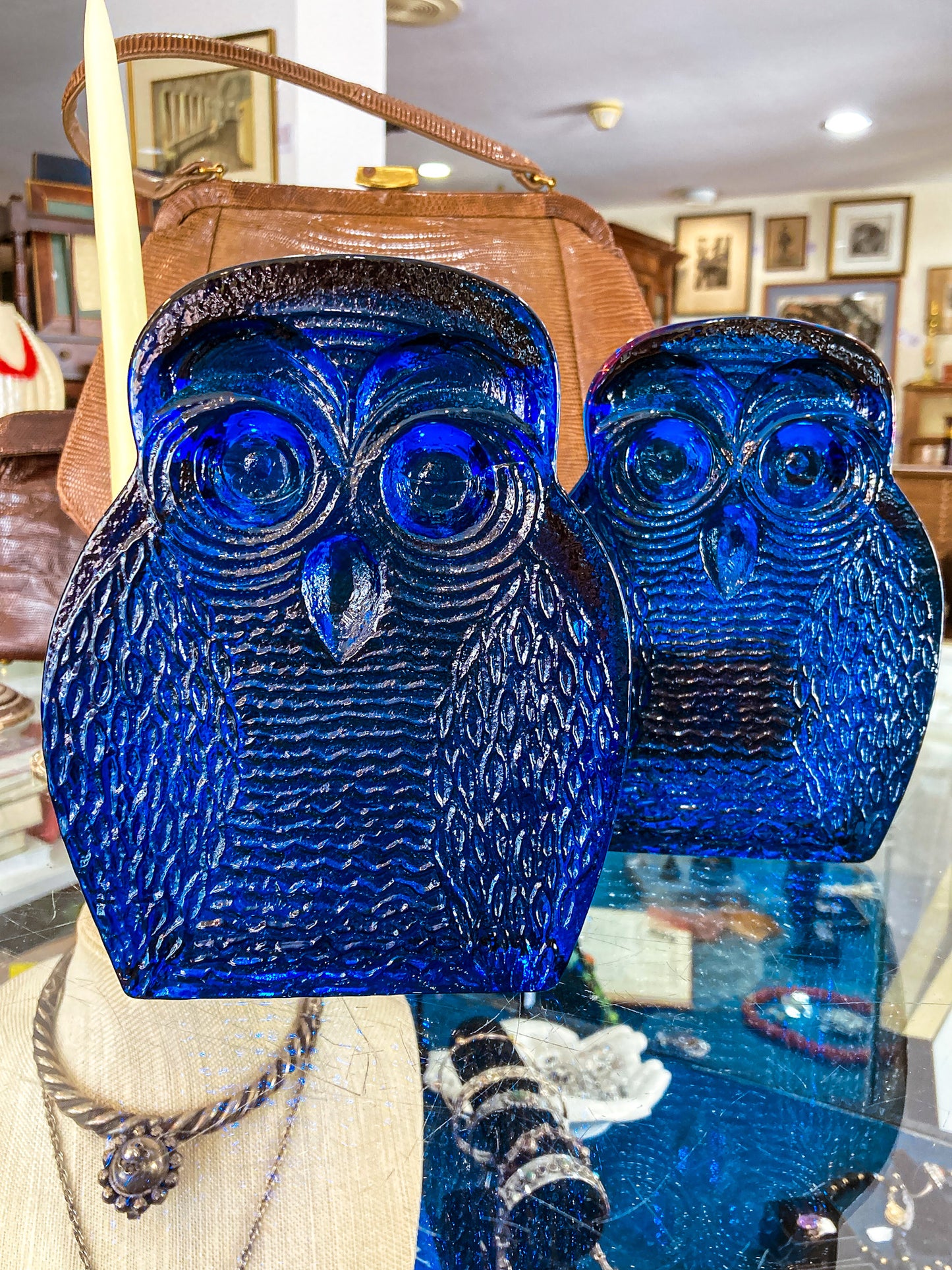 Vintage 1960's Stylized Owl MCM Blenko Cast Cobalt Blue Glass Bookends