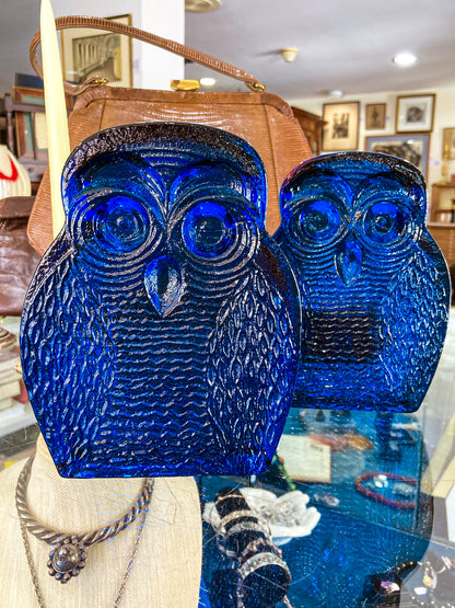 Vintage 1960's Stylized Owl MCM Blenko Cast Cobalt Blue Glass Bookends