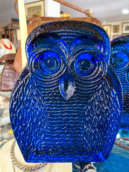 Vintage 1960's Stylized Owl MCM Blenko Cast Cobalt Blue Glass Bookends