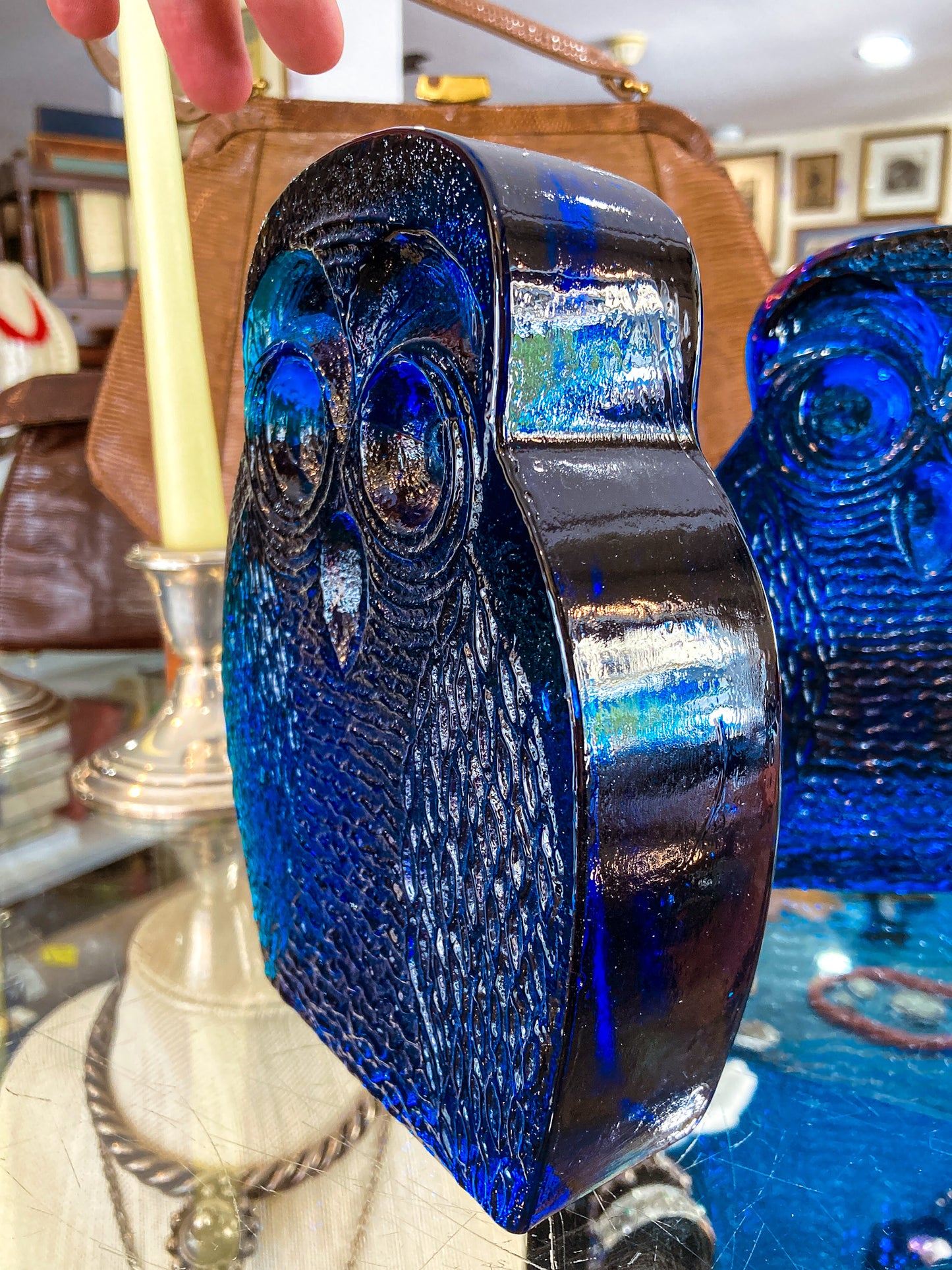 Vintage 1960's Stylized Owl MCM Blenko Cast Cobalt Blue Glass Bookends