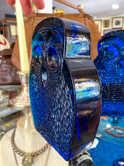 Vintage 1960's Stylized Owl MCM Blenko Cast Cobalt Blue Glass Bookends