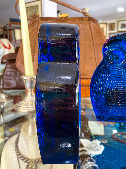 Vintage 1960's Stylized Owl MCM Blenko Cast Cobalt Blue Glass Bookends
