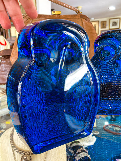 Vintage 1960's Stylized Owl MCM Blenko Cast Cobalt Blue Glass Bookends