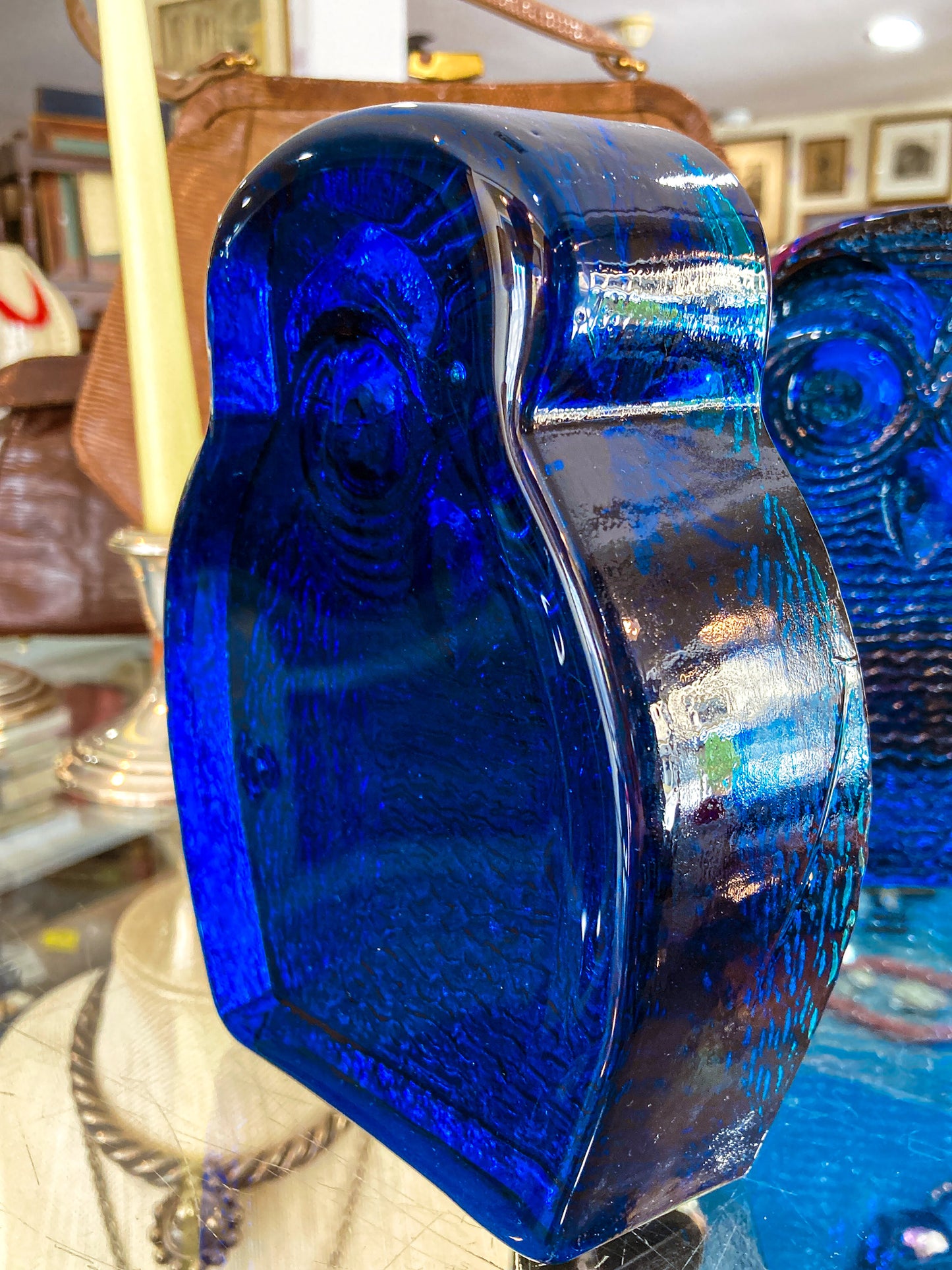 Vintage 1960's Stylized Owl MCM Blenko Cast Cobalt Blue Glass Bookends