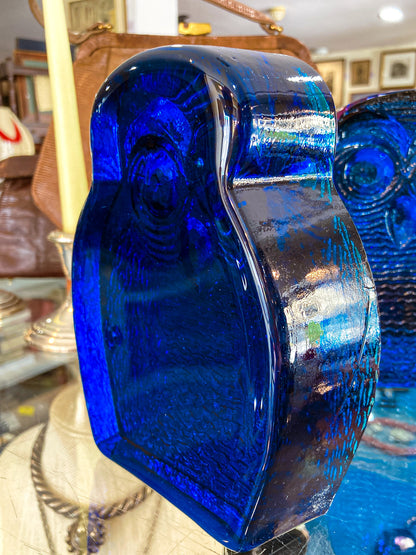 Vintage 1960's Stylized Owl MCM Blenko Cast Cobalt Blue Glass Bookends