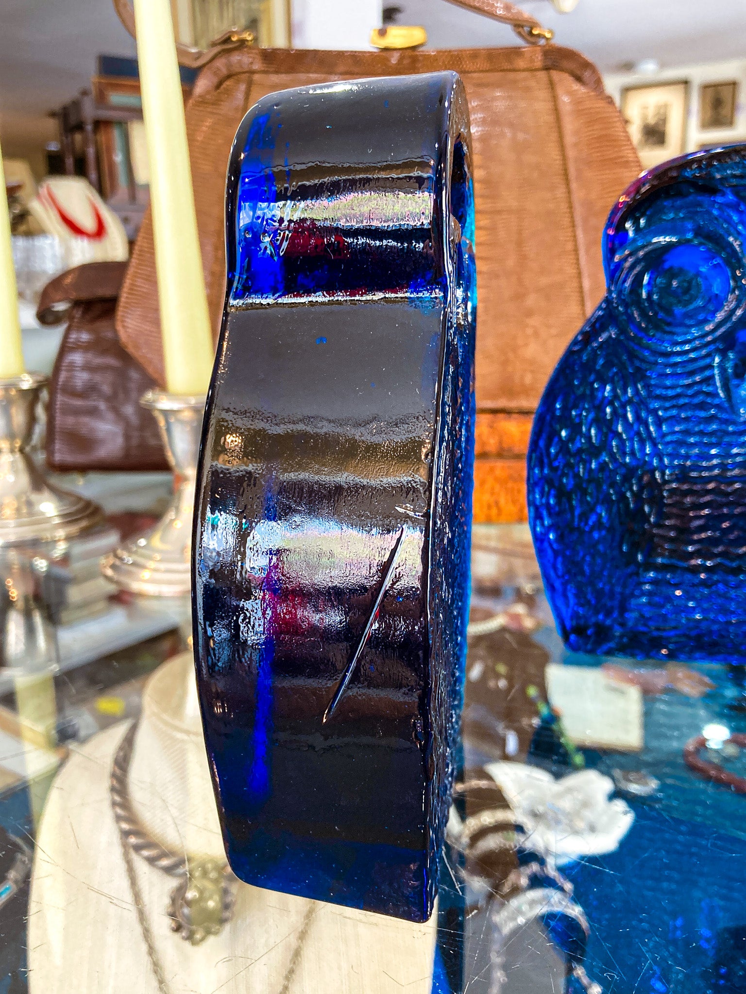 Vintage 1960's Stylized Owl MCM Blenko Cast Cobalt Blue Glass Bookends