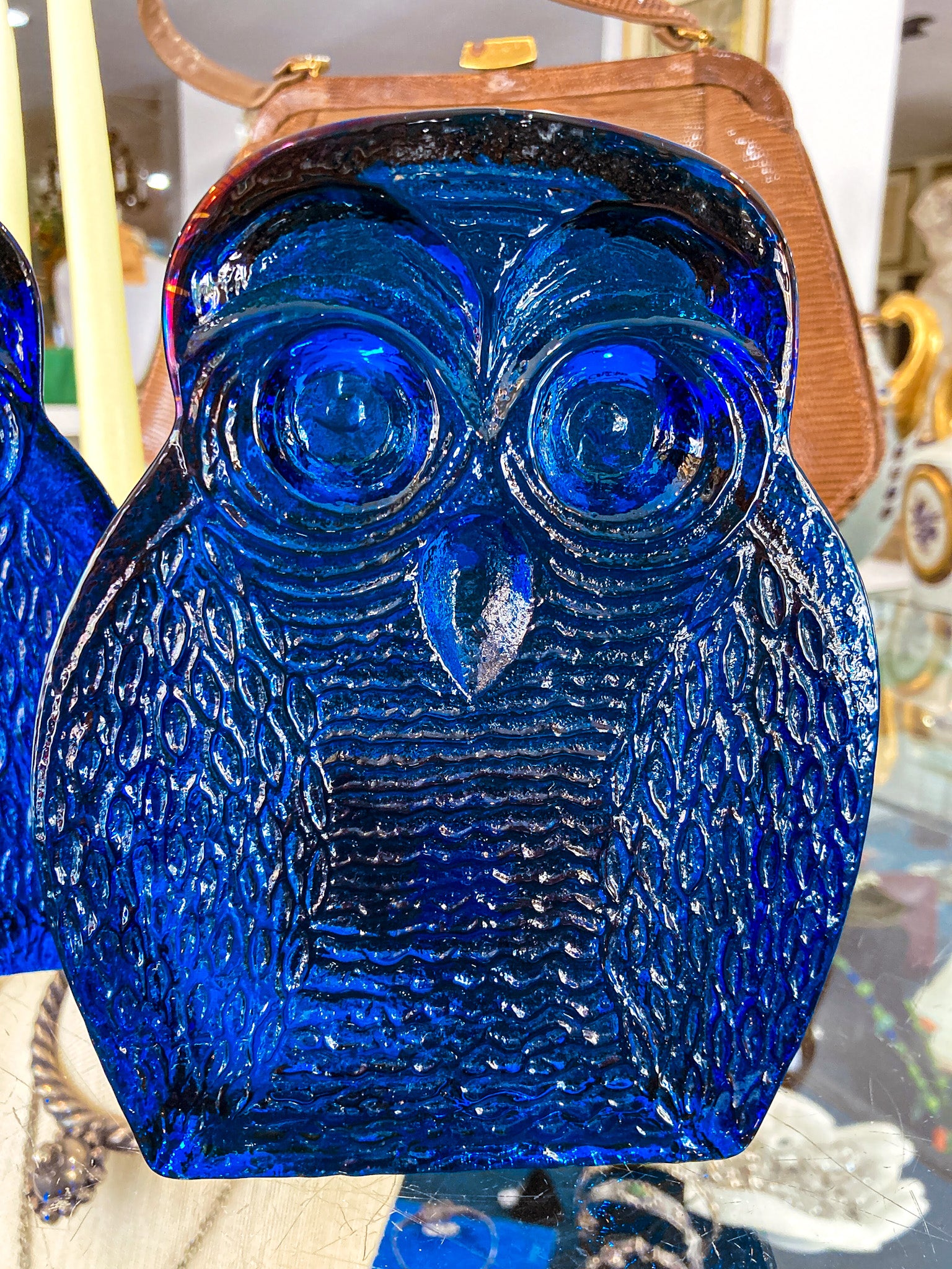 Vintage 1960's Stylized Owl MCM Blenko Cast Cobalt Blue Glass Bookends