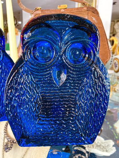 Vintage 1960's Stylized Owl MCM Blenko Cast Cobalt Blue Glass Bookends