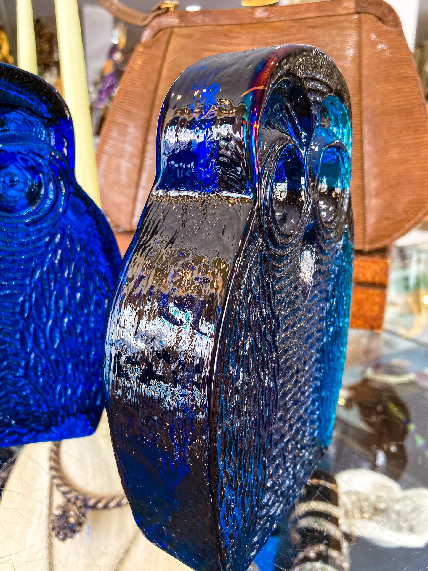 Vintage 1960's Stylized Owl MCM Blenko Cast Cobalt Blue Glass Bookends