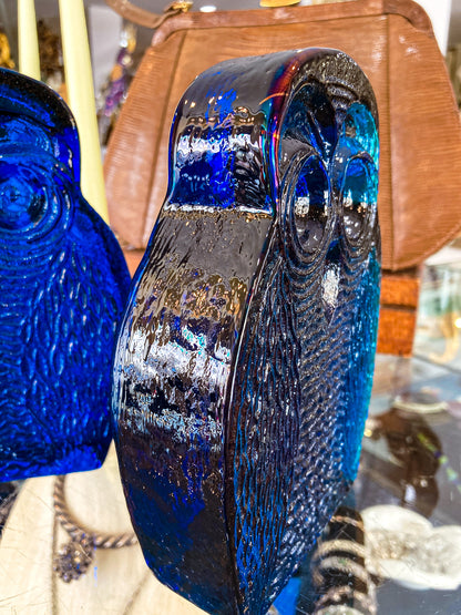 Vintage 1960's Stylized Owl MCM Blenko Cast Cobalt Blue Glass Bookends
